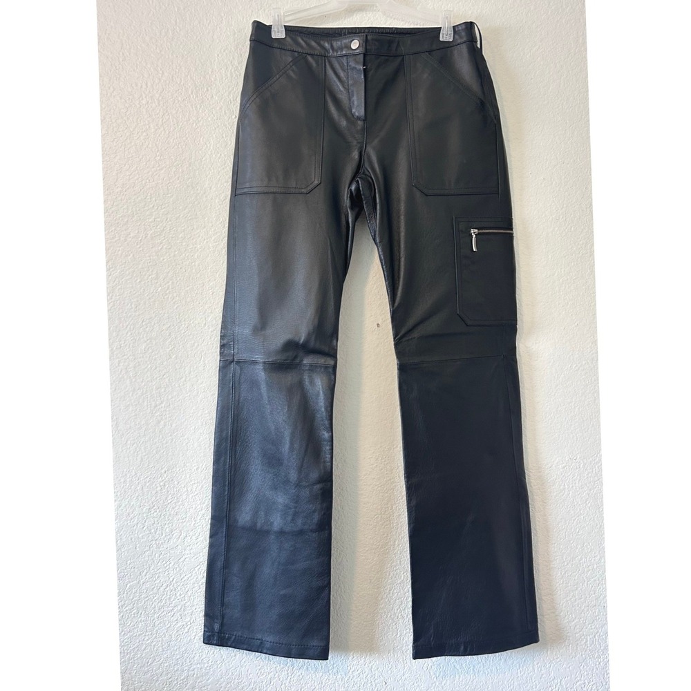 Clio Vintage Black Leather Cargo Moto Biker Pants‎ SZ 6 Straight Leg Utility